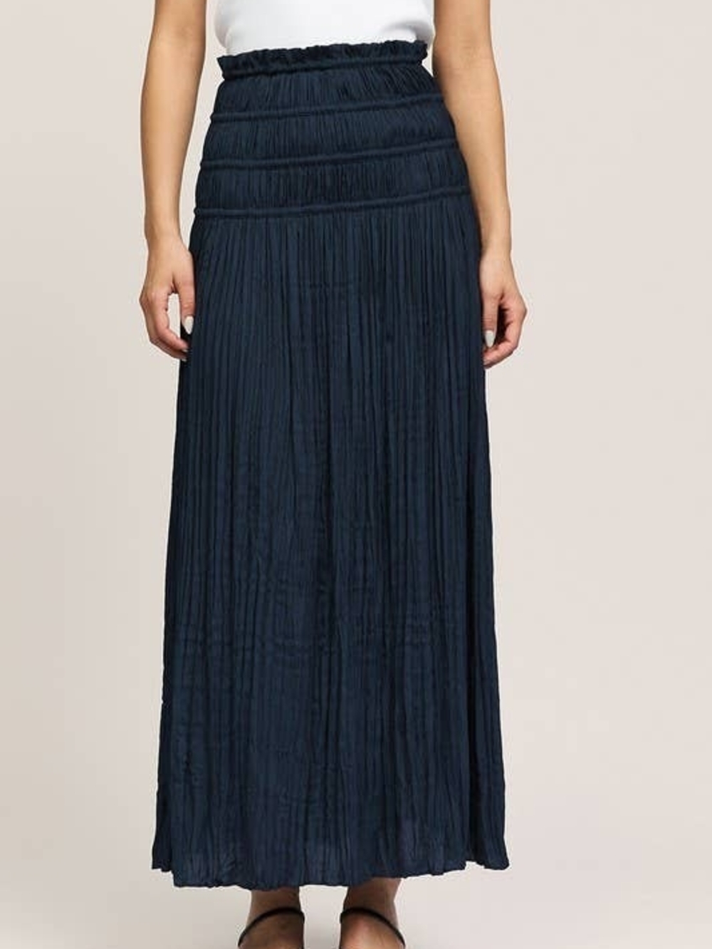 Current Air Navy Crinkle Maxi Skirt with Ruched Waistband